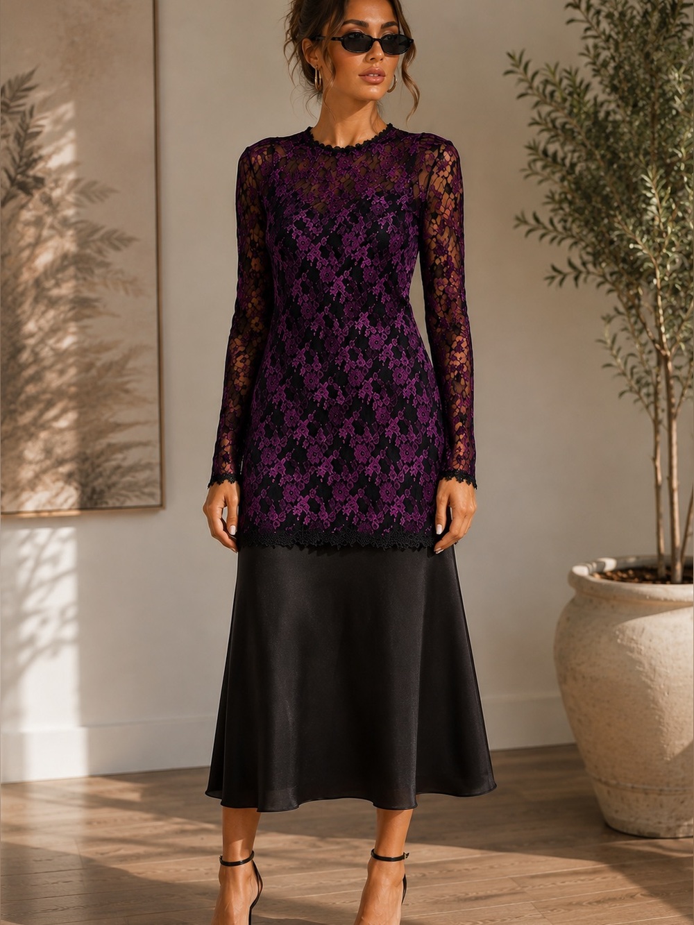 Vintage Samantha Black Floral Lace Overlay Drop Waist Midi Dress Set